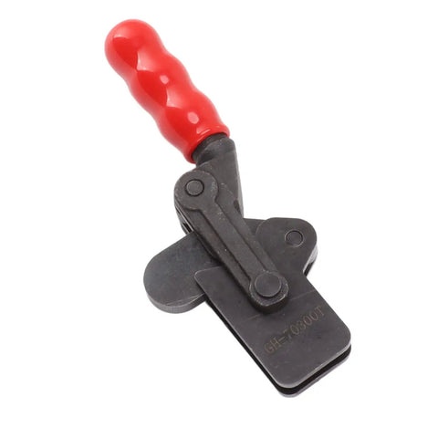 Heavy Duty Toggle Clamp With Arrow Storage Case For Boxes And Suitcases That Push Pull Fastens Easily So You Can Secure Gear Without Wasting Time On Complicated Latches Or Broken Hardware During Your Next Big Adventure Outdoors. black steel clamp with red handle, GH-70300T