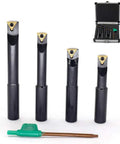 Four-piece Half Inch Round Shank Boring Bar Set With 90 Degree Indexable Carbide Inserts TCMT21.51 TCMT110204 displayed with a green tool.