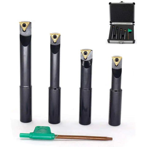 Four-piece Half Inch Round Shank Boring Bar Set With 90 Degree Indexable Carbide Inserts TCMT21.51 TCMT110204 displayed with a green tool.