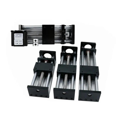 Rail Motion Slide Table 100 To 500mm Stroke With SFU1204 Ball Screw Actuator, Linear Guide Stage, NEMA23 Stepper Motor, 200mm Travel, Ideal For CNC Machining, Robotics, And DIY Automation Projects; linear slide table shown in black aluminum