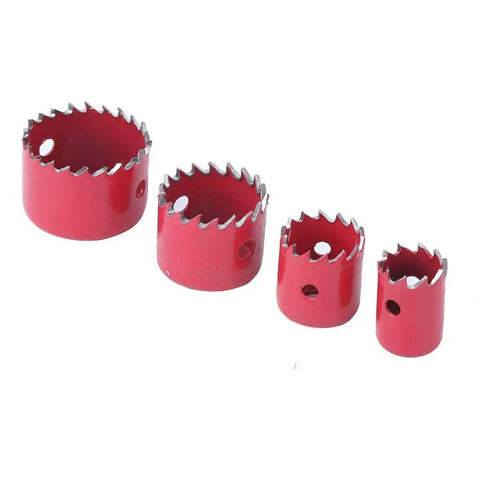 Ultimate 16-Piece Hole Saw Kit Made From Heavy Red Steel For Cutting Wood PVC Pipe And Plastic Boards Perfect For Pro Work Or Serious DIY Home Projects To Make Any Cut Look Totally Rad And Professional. red steel hole saw cutters in four sizes