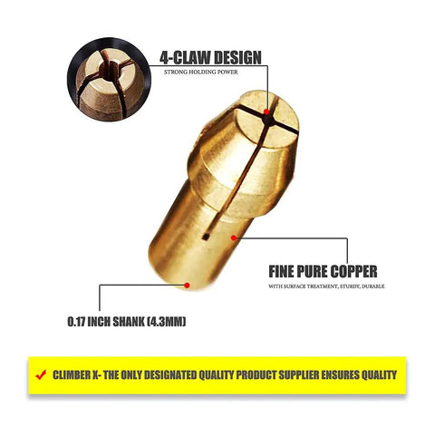 4-claw design copper collet from the 10 Piece Mini Fine Copper Collet Set for Rotary Tool Bits, features 4.3mm shank.