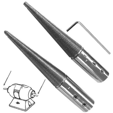 Heavy Duty Tapered Polishing Spindle Set With Right And Left Hand Threads For Half Inch Bench Grinder Fits Polishing Motor Includes Hex Wrench with two metal spindles and a hex wrench.