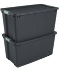 Hella Tough 12 Pack 45 Gallon Wheeled Latch Totes With Smooth Rolling Wheels And Secure Snap Caps For Zero Hassle Home Organization Heavy Duty Stackable Plastic Storage Bins, stacked gray bins with lids.