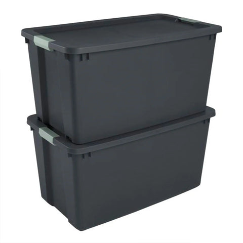 Hella Tough 12 Pack 45 Gallon Wheeled Latch Totes With Smooth Rolling Wheels And Secure Snap Caps For Zero Hassle Home Organization Heavy Duty Stackable Plastic Storage Bins, stacked gray bins with lids.