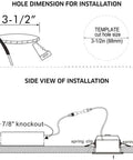Diagram showing installation dimensions and side view for 3 Inch 5CCT LED Eyeball Recessed Light Kit Dimmable Swivel Downlight