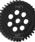Close-up of 39T 32P steel spur gear for Traxxas TRX-4, CNC machined, black oxide finish, designed for brushless systems.