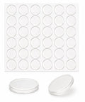 Rock Solid Clear Silicone Anti Slip Pads For Glass Tables And Desks With Zero Slide Grip And Protective Two Millimeter Cushion To Keep Furniture Locked Down In A Slick Thirty Six Pack displayed on a backing sheet.