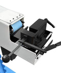 Close-up of Commercial Workshop Prep Pro Shop Grade 3Hp Belt Sander components with 4X78 inch sanding belt setup.