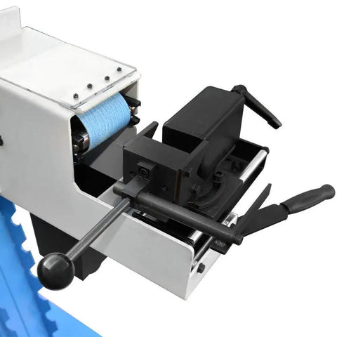 Close-up of Commercial Workshop Prep Pro Shop Grade 3Hp Belt Sander components with 4X78 inch sanding belt setup.