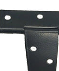 Close-up of 5 Inch T Strap Hinges Galvanized Iron Gate Hinge Set With Slotted Bearings 6 Pack For Shed Doors Barn Gates Cabinet Doors Built To Last Heavy Duty Mounting Straps, showing bolt holes.