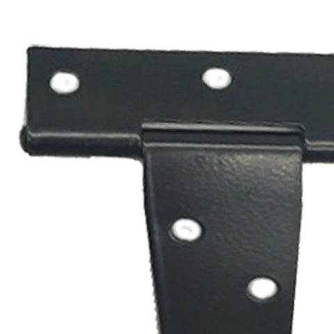 Close-up of 5 Inch T Strap Hinges Galvanized Iron Gate Hinge Set With Slotted Bearings 6 Pack For Shed Doors Barn Gates Cabinet Doors Built To Last Heavy Duty Mounting Straps, showing bolt holes.