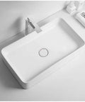 Killer Finish White Ceramic Vessel Sink For Modern Bathrooms Boosts The Vibe On Any Freestanding Vanity Arrives With Full Faucet And Drain Assembly Smooth Glazed Surface Resists Bacteria And Cleans Up Easy Daily, side view showing rectangular design and faucet.