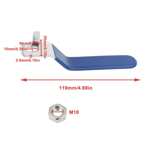2 Pack Quarter Turn Lever Handles 10x6mm With M10 Nuts For DN25 Ball Valve, blue grip handle and nut dimensions shown