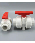White PVC Ball Valve Union Fitting Set 3 Pcs 50 MM Precision Design For Water Pipe Plumbing Hose Connections showing two valves with red handles.