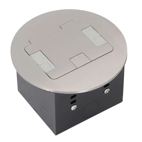 Damn Fine Pop Up Floor Electrical Outlet Kit Crafted From Slick Gasket Sealed Stainless Steel Delivers 20 Amp Power Tamper Resistant Design For Home Or Patio Projects, round lid closed view.
