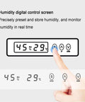 Finger adjusting humidity digital control screen on All In One 70L Filament Dryer Box For 3D Printing Auto Humidity Sensor Dehumidify With PTC Heating Holds 10 To 12 Rolls Of 1Kg Filaments Anti Moisture Storage Keeps Spools Dry And Ready To Print