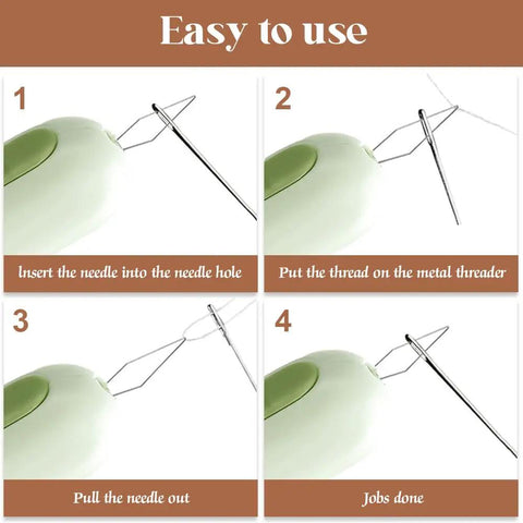 Step-by-step guide showing how to use Pro Grade Two In One Needle Threader And Seam Ripper Tool For Sewing Upgraded 2024 with green handle.