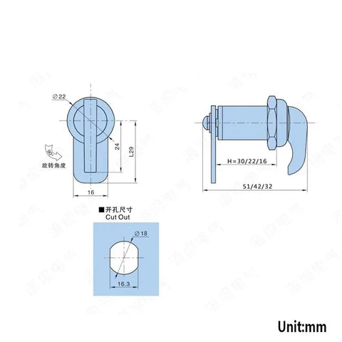 Technical diagram of Keyless Cam Lock For Cabinets And Cupboards, Locking Hardware, 30mm DIY MMS469, showing dimensions and installation cutout.