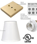 Components of Set Of 2 Hardwired Wall Sconces With White Fabric Shade, brass finish base, bulb type details