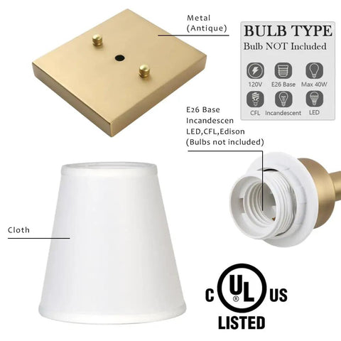 Components of Set Of 2 Hardwired Wall Sconces With White Fabric Shade, brass finish base, bulb type details