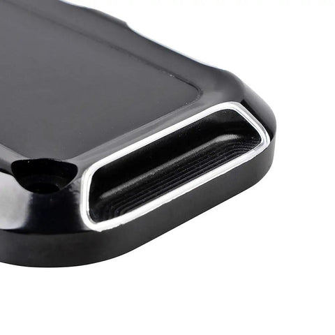 Premium CNC Machined Brake Clutch Master Cylinder Covers For Custom Cruisers close-up view of black anodized aluminum finish.