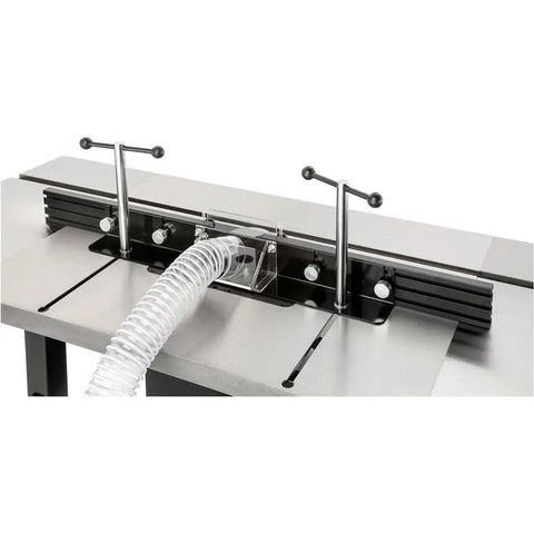 Pro Grade Router Table Featuring Precision Lift Control And Massive Cast Iron Wings for detailed routing tasks and dust collection.