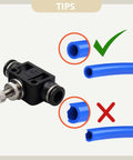 Illustration of Triple Pack 10 Millimeter Tube OD Air Flow Control Valves For Pneumatic Systems And Machinery PSA-010 Straight Union Push To Connect Fitting Regulator Speed Controller Kit Bundle showing proper tubing connection
