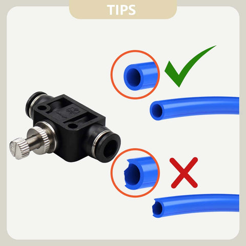 Illustration of Triple Pack 10 Millimeter Tube OD Air Flow Control Valves For Pneumatic Systems And Machinery PSA-010 Straight Union Push To Connect Fitting Regulator Speed Controller Kit Bundle showing proper tubing connection