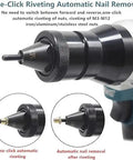 Heavy Duty Cordless Electric Rivet Gun With Slick Forward Reverse Shifting For M3 To M12 Blind Rivets And Hex Nuts In Stainless Steel Or Aluminum Includes Rock Solid 5200 Mah Battery For Any Quick Fix Job, showing one-click automatic nail removal feature.