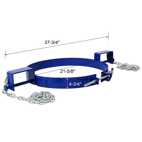 Heavy Duty 55 Gallon Drum Lifter Ring With Pivoting Fork Pockets, Painted Carbon Steel Design For Easy Industrial Material Handling. Dimensions shown.