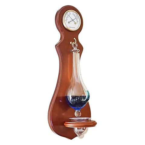 Wall Mounted Weather Station With Thermometer Hygrometer And Barometer In Cherry Finish For Home Or Office Decor With Classic Antique Vibe And Accurate Readings, showing front view with liquid barometer and thermometer.