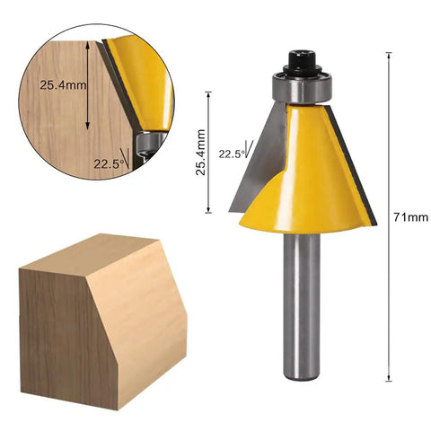 Three Piece Chamfer Router Bit Set With 1/4 Inch Shank Bevel Bits In 15 22.5 And 30 Degree Angles For Edge Bevels And Precise Miter Joints