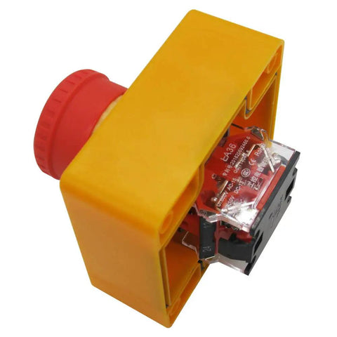 Emergency Stop Push Button Switch 2 NC Contacts Latching Type 600V 10A shown with yellow housing