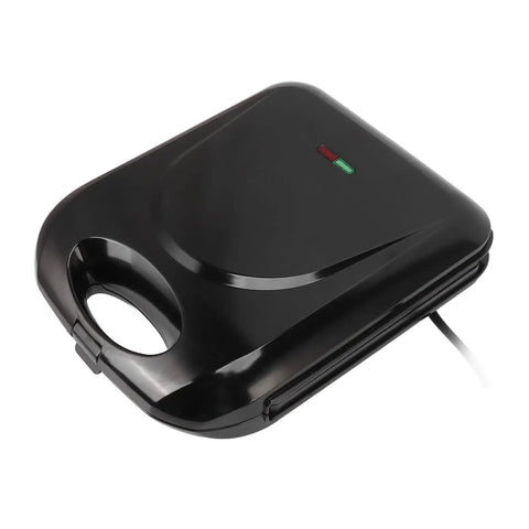 Multifunctional Electric Breakfast Maker With Nonstick Panini Press Surface features a compact black design with indicator lights.