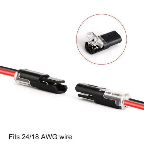 Close-up of 12 Pack 2 Pin 2 Way No Wire Stripping Toolless Quick Splice Wire Connectors for AWG 20-24, compact design.