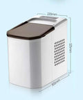 Compact Automatic Countertop Ice Maker Cranks Out Fresh Cubes In Eight Flat Minutes with dimensions shown.