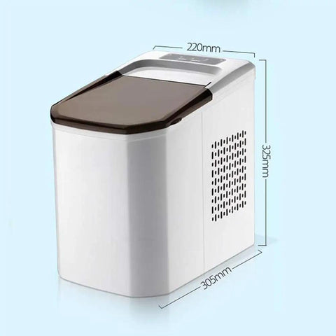 Compact Automatic Countertop Ice Maker Cranks Out Fresh Cubes In Eight Flat Minutes with dimensions shown.