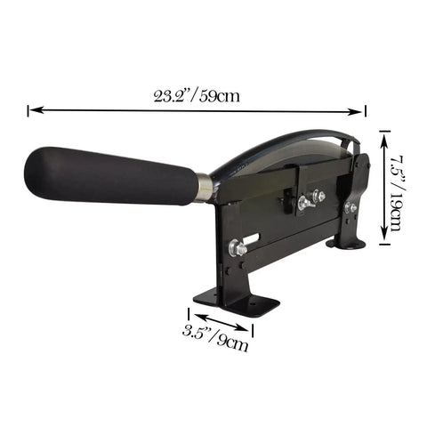 Side angle of Pro Grade Flower Stem Cutter Kit With 14 Inch Carbon Steel Blade showing dimensions and table mount feature.