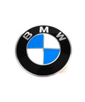 BMW Insignia Stamped OEM Part 36 13 6 758 569 Direct Fit Badge displayed, showing the black and blue emblem design.