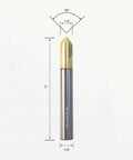 Front view of chamfer end mill with 1/4 inch shank, 3-flute gold cutting head, 2 inch length