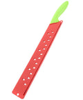 Watermelon Cutter With Sleeve Long Serrated Knife for melon cutting with red blade cover and green handle for kitchen and outdoor prep.