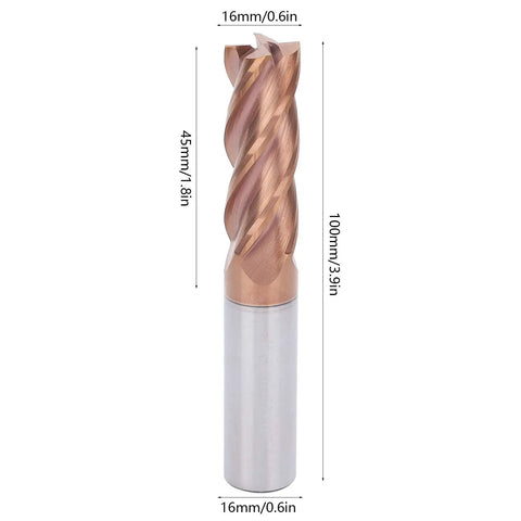 Hard Hitting Tungsten Steel 3 Flute End Mill With 16mm Shank And 16mm Cutting Diameter 100mm Total Length For CNC Machines