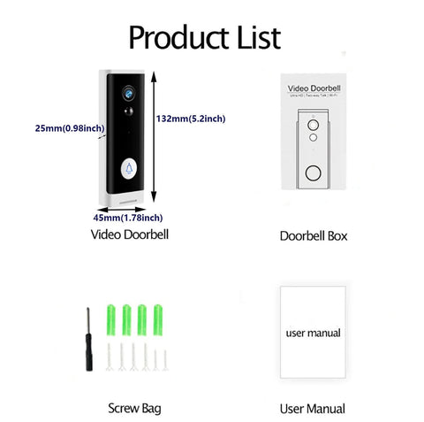 Product list including WiFi Video Doorbell Camera With 1080P HD Night Vision And Wide 166 Degree Field Of View, installation tools.
