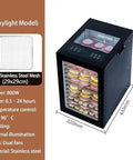 Professional Electric Food Dehydrator 800W Featuring Stainless Steel Trays And Digital Timer, showcasing a sleek black design with illuminated trays.