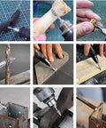 20-piece carbide die grinder burr set with 1/8-inch shanks for rotary tools; shown engraving metal, wood, and stone.