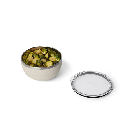 Double Wall Vacuum Insulated Stainless Steel Bowl With Lid 2 Quart Capacity with Brussels sprouts and lid beside it.