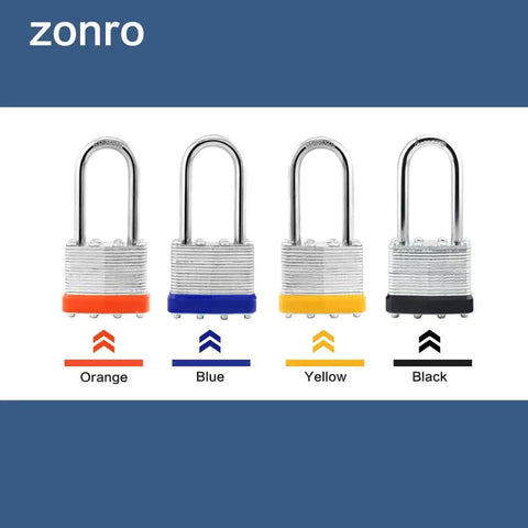 Built Tough Keyed Alike Laminated Steel Padlocks, 1-9/16 Inch Wide Body, Long Shackle, Four Colors Orange Blue Yellow Black
