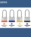 Heavy Duty Laminated Steel Padlock Set With Keyed Alike Locks That Are Tough As Nails, 1 9/16 Inch Wide Body, Long Shackle, Blue Plastic Hoop, Pack Of 24 For Locker, Gate, And Outdoor Storage Security in various colors.