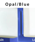 Contemporary Alex Wall Sconce Boasting A Straight Up Sleek Satin Nickel Frame And Heavy Duty Opal Blue Glass Shades With Three G9 Bipin Sockets For Chillin Room Glow That Looks Totally Dope Indoors, unlit and lit comparison.